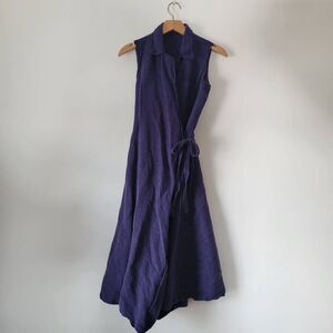 Handmade Linen Blend Wrap Dress Purple/Blue Indigo Sleeveless Midi Tie Waist Cot